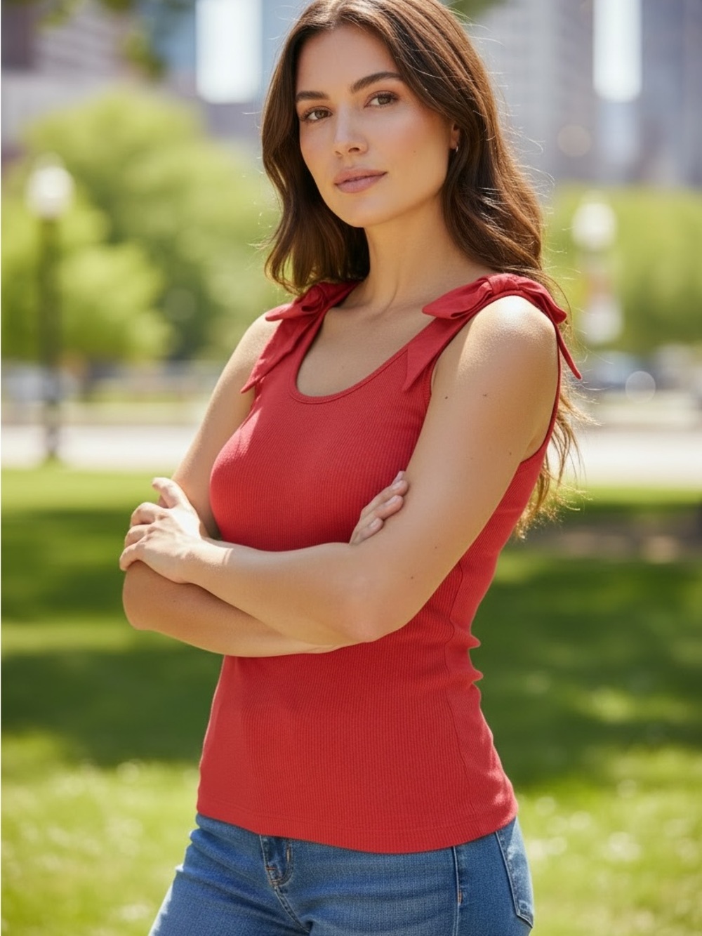 French Connection Red Tie-Shoulder Ribbed Tank